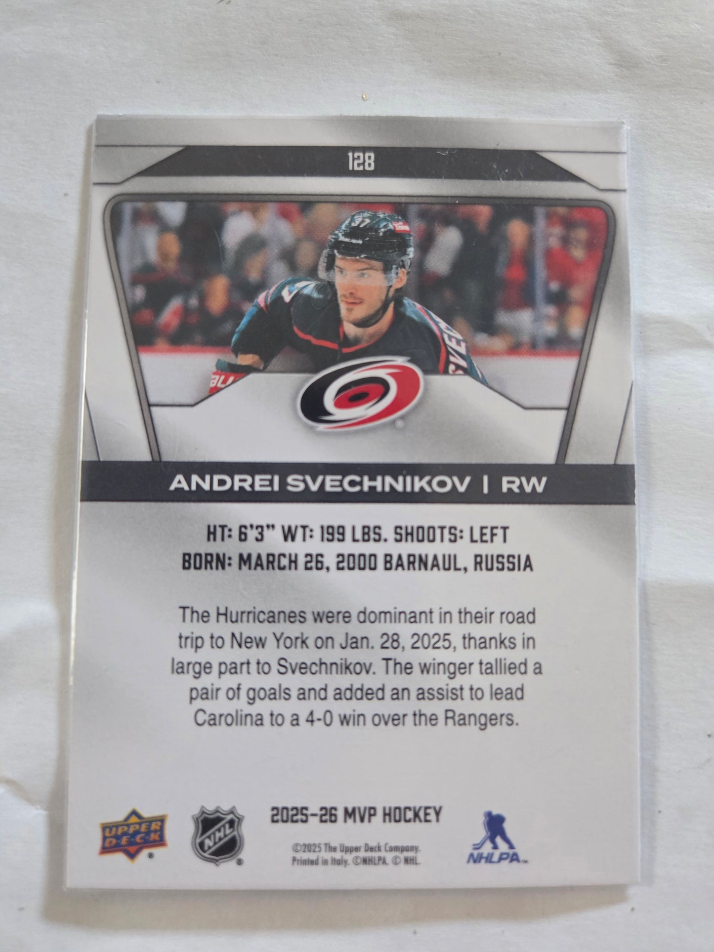 Andrei Svechnikov Upper Deck MVP Hockey #128 [Carolina Hurricanes]