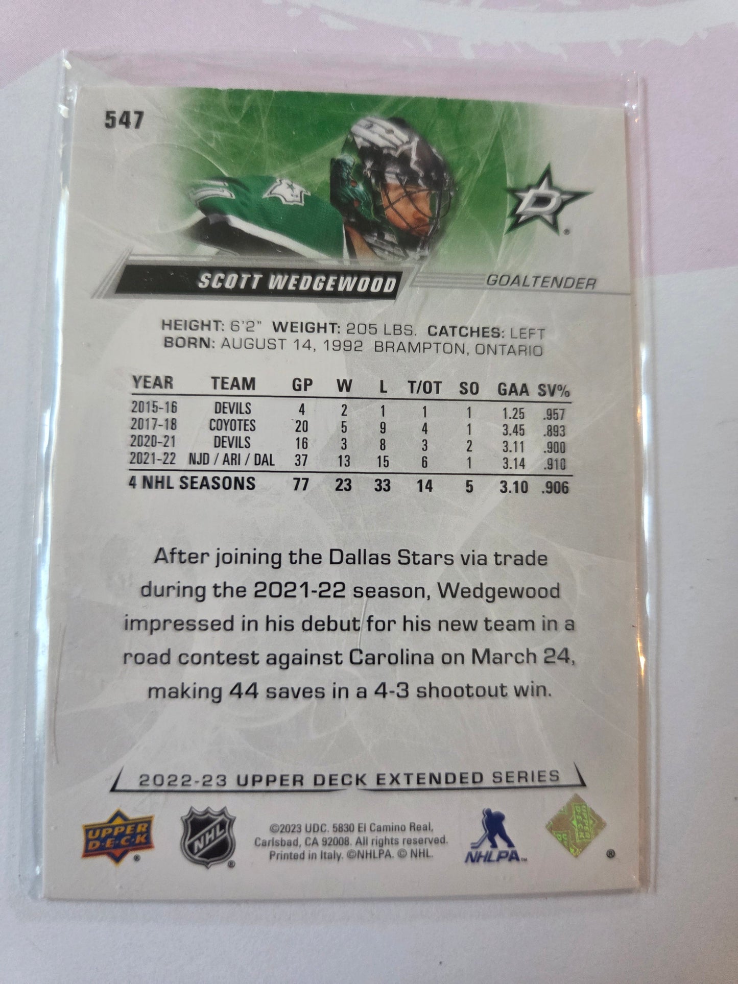 Scott Wedgewood Upper Deck Extended Series #547 [Dallas Stars]