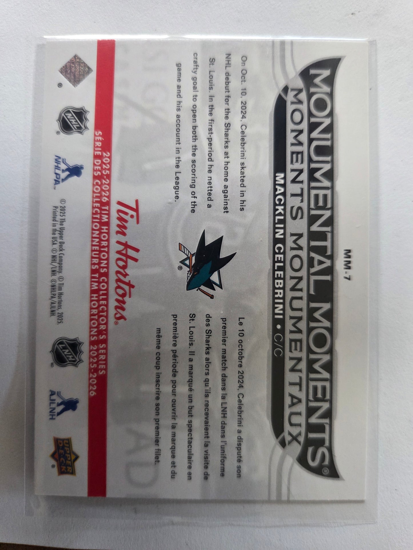 Macklin Celebrini Upper Deck Monumental Moments [San Jose Sharks]