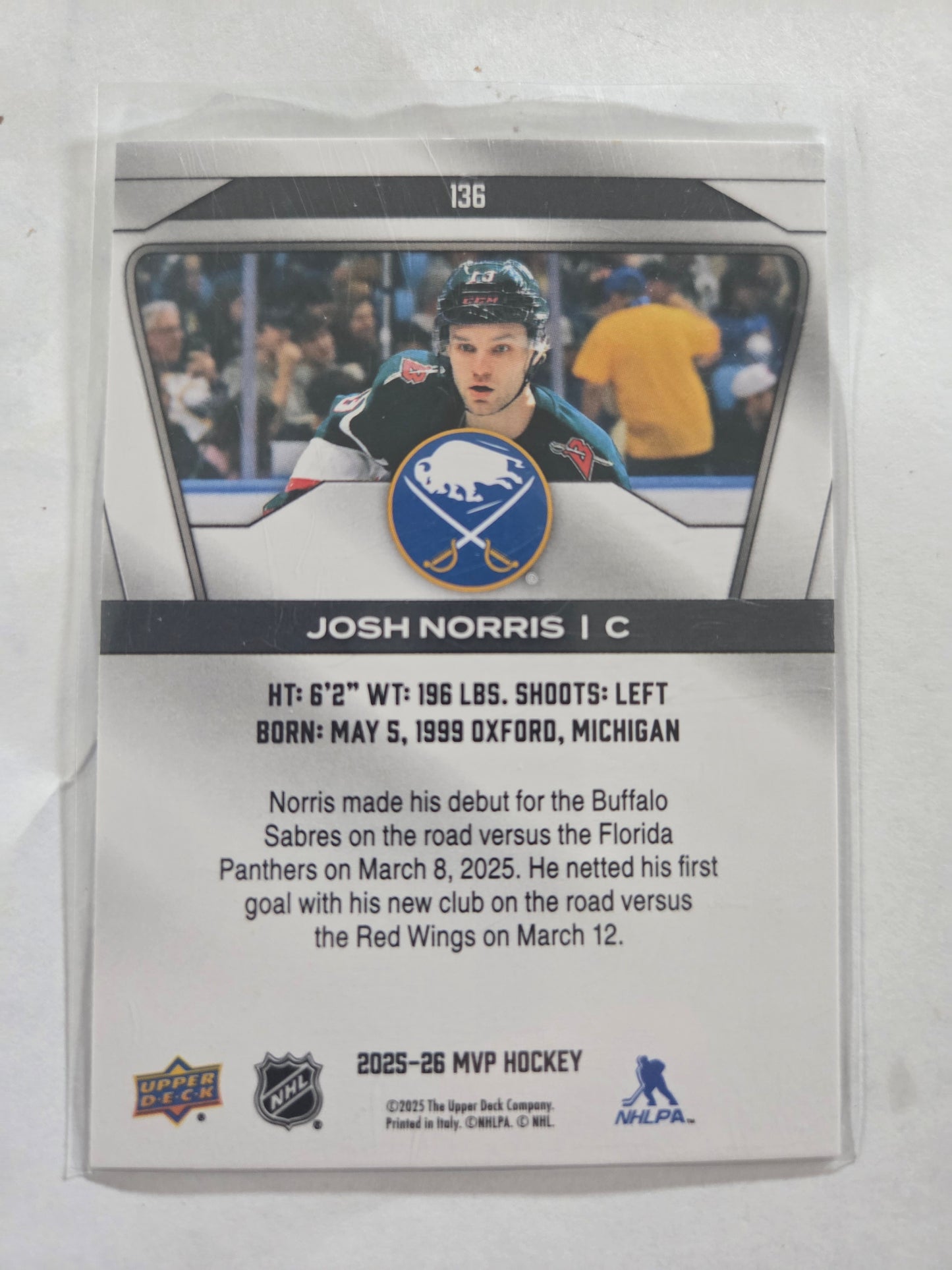 Josh Norris Upper Deck MVP Hockey #136 [Buffalo Sabres]