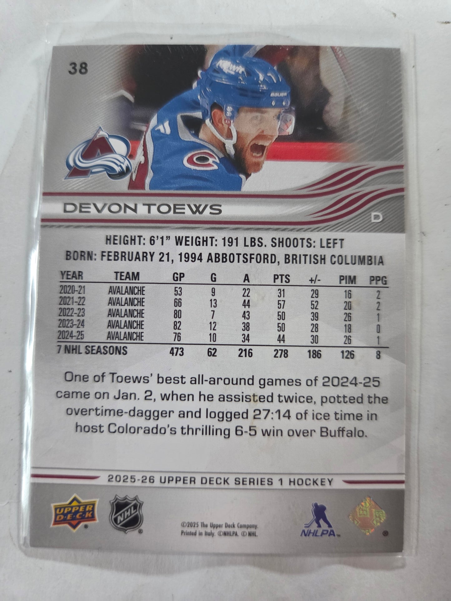 Devon Toews Upper Deck Series 1 #38 [Colorado Avalanche]