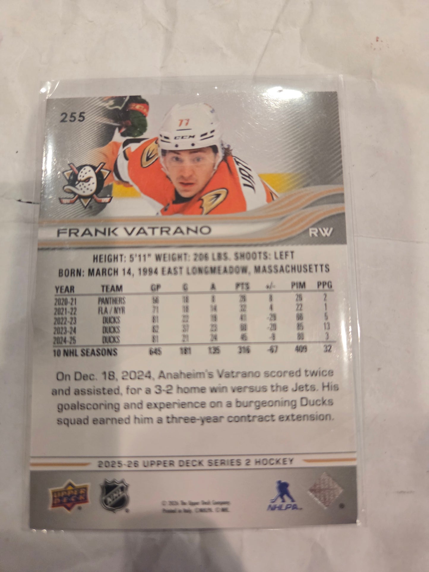 Frank Vatrano Upper Deck Series 2 #255 [Anaheim Ducks]