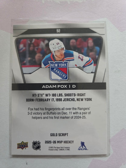 Adam Fox Gold Script Signed Upper Deck MVP Hockey #92 [New York Rangers]
