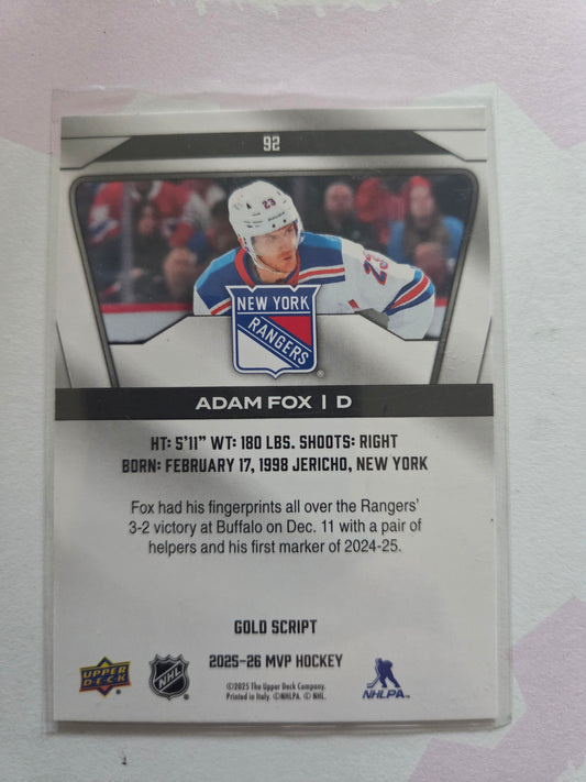 Adam Fox Gold Script Signed Upper Deck MVP Hockey #92 [New York Rangers]