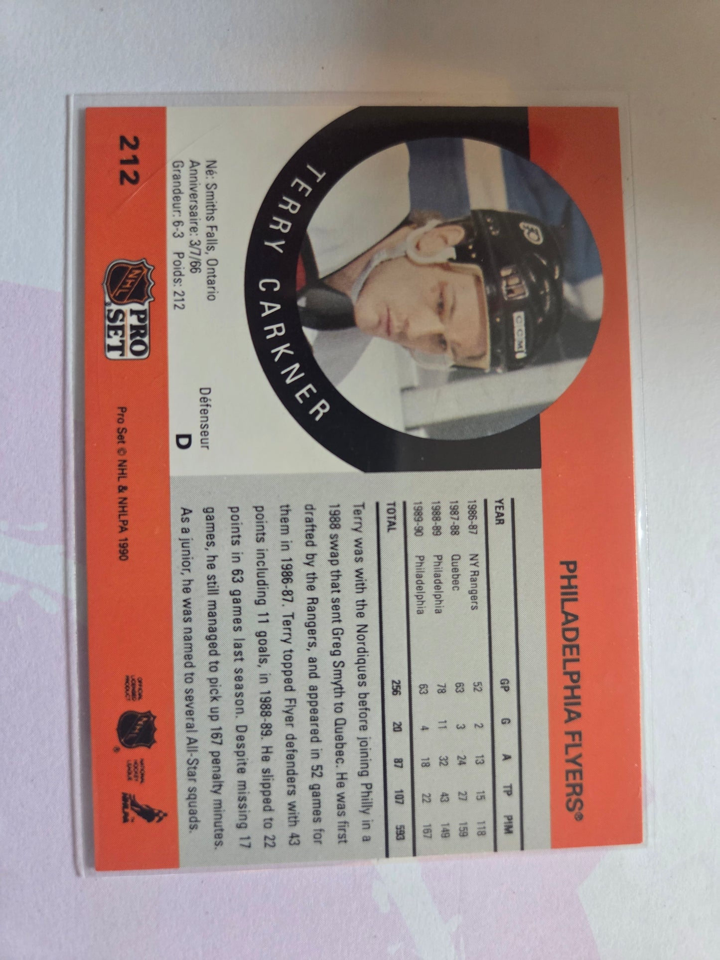Terry Carkner NHL Pro Set #212 [Philadelphia Flyers]