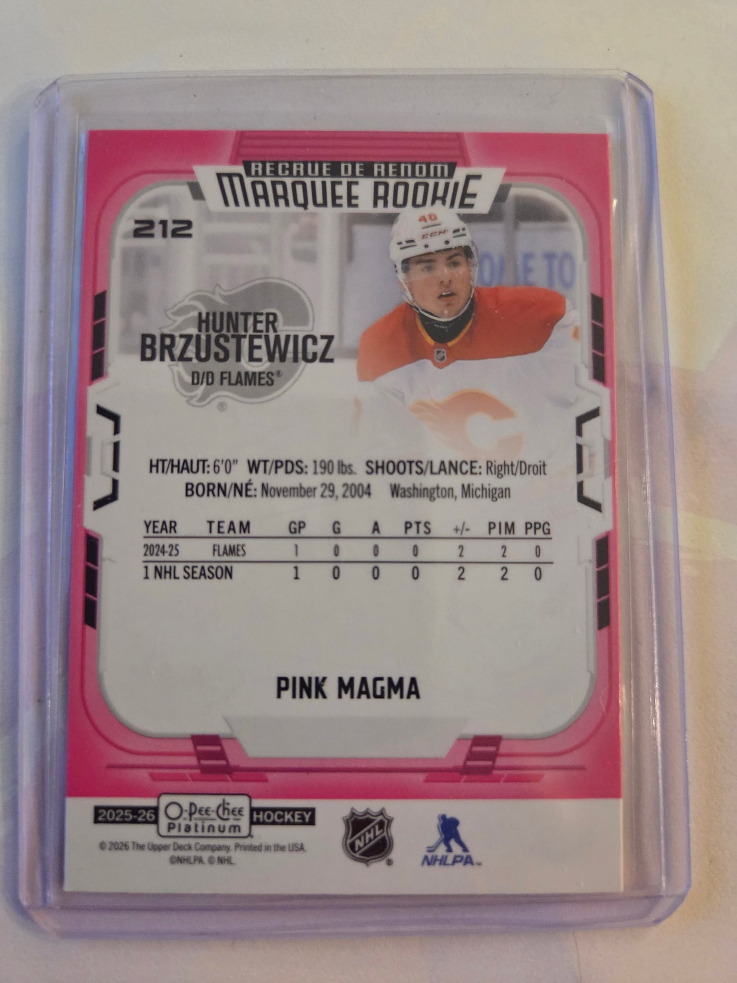 Hunter Brzustewics O-Pee-Chee Platinum Hockey Pink Magma Marquee Rookie #212 [Calgary Flames]