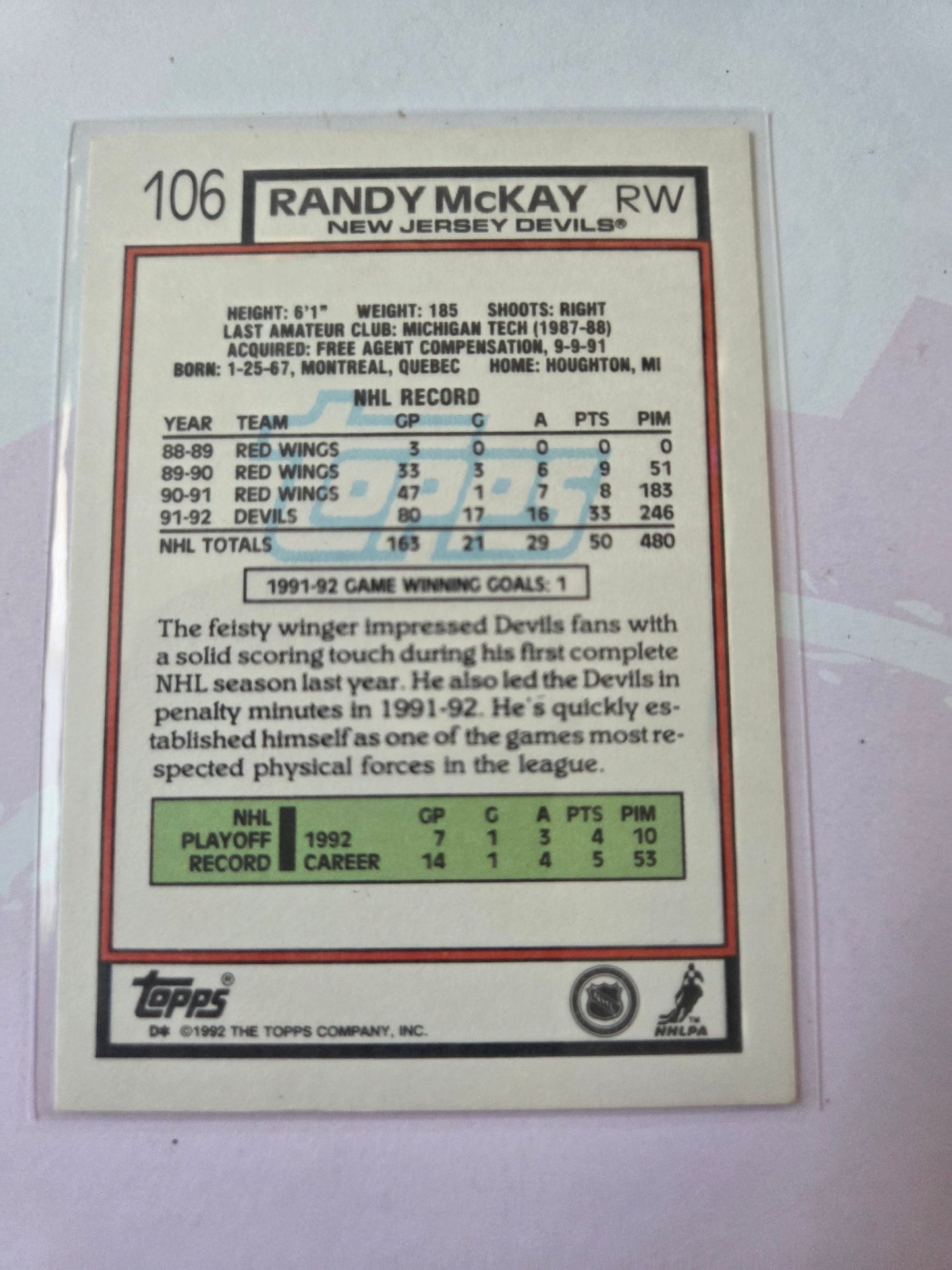 Randy McKay Topps #106 [New Jersey Devils]