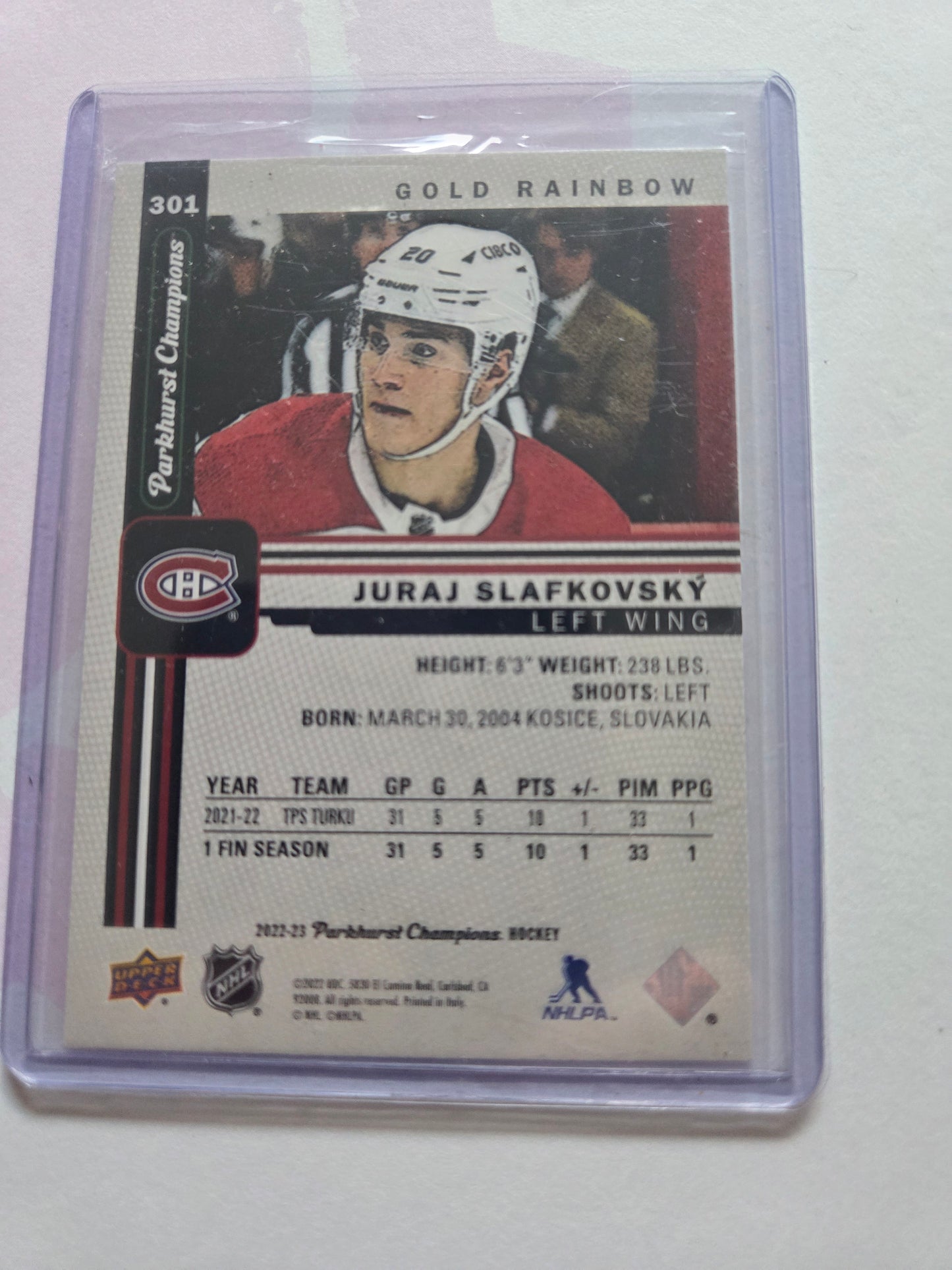 Juraj Slafkovsky Upper Deck Parkhurst Champions Gold Rainbow Rookie #301 [Montreal Canadians]