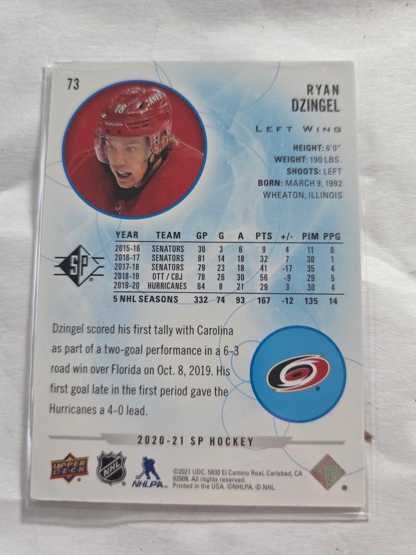 Ryan Dzingel Blue SP Hockey #73 [Carolina Hurricanes]