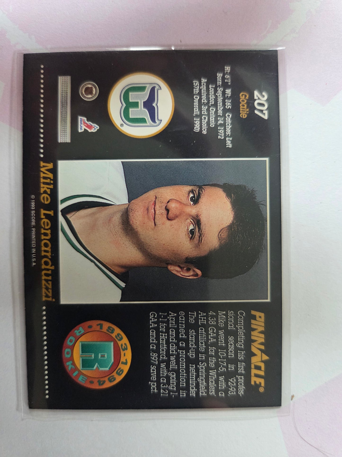 Mike Lenarduzzi Pinnacle 1993-1994 Rookie #207 [Hartford Whalers]