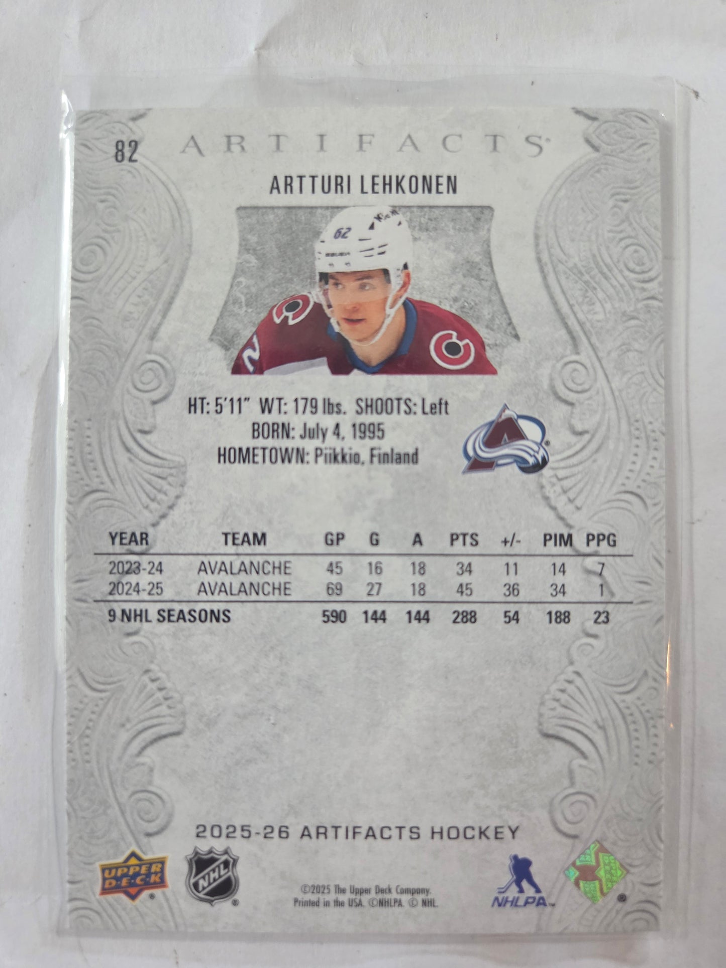 Artturi Lehkonen Upper Deck Artifacts Hockey #82 [Colorado Avalanche]