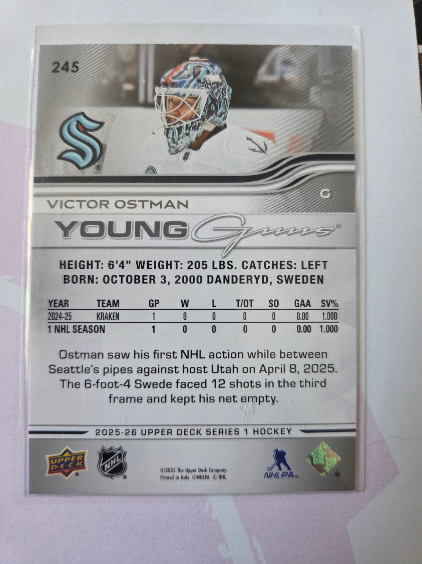 Victor Ostman Upper Deck Series 1 Young Gunns #245 [Seattle Kraken]