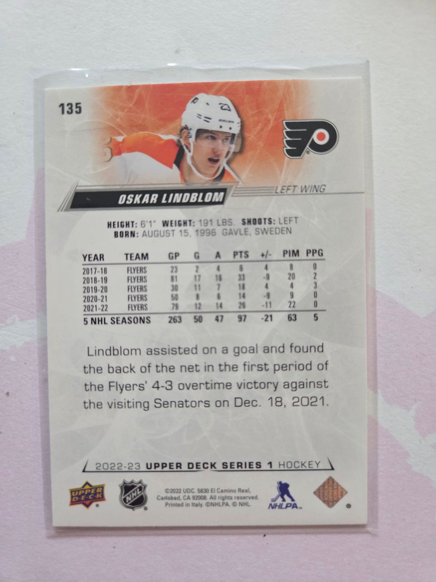 Oskar Lindblom Upper Deck Series 1 #135 [Philadelphia Flyers]